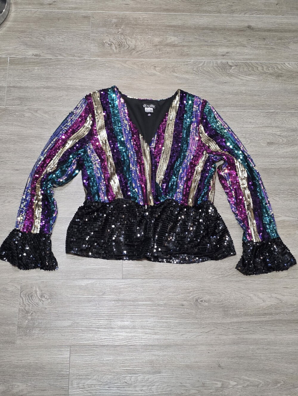 New Venus Lined Sequinsed Top Size M-L Long Sleeve Peplum Waist Flair Cuffs